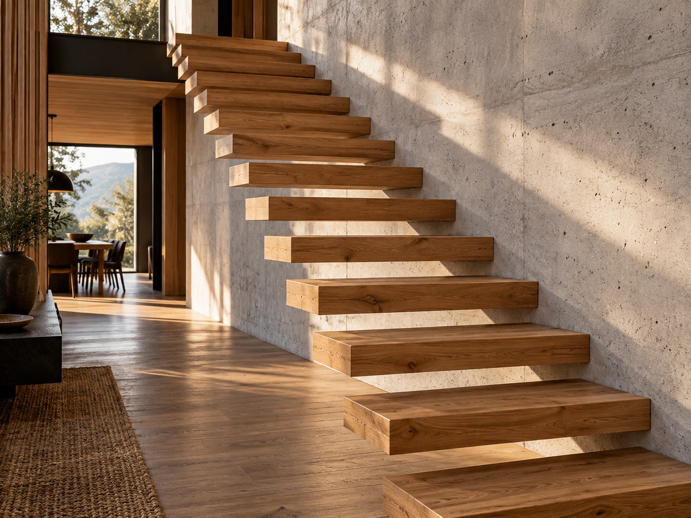 Escalera con peldaños de madera maciza